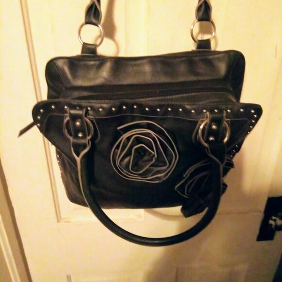 NEW Womans Black Leather Purse With Silver Studs And Rosette floral Petals - Picture 7 of 13